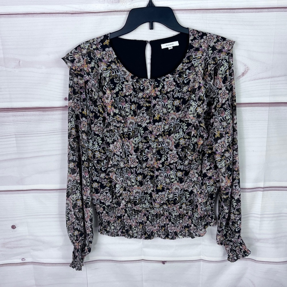 Pleione Top Womens M Black Floral Blouse Chiffon Ruffles Smocked Long Sleeve